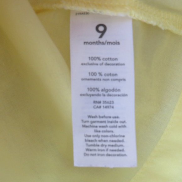 Carter's Sleeveless Blouse‎ Size 9 Months 100% Cotton, Yellow~ White Embroidery - Picture 5 of 8